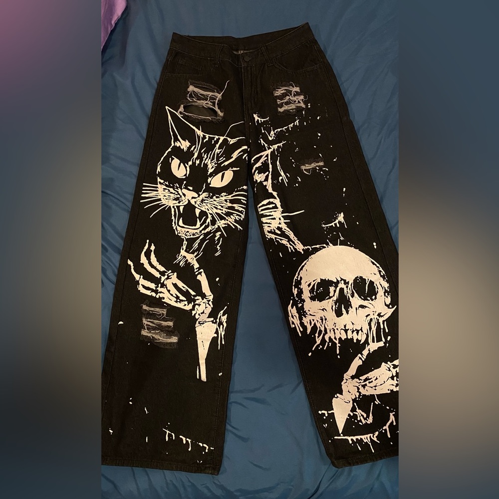 Black Graphic Wide-Leg Jeans